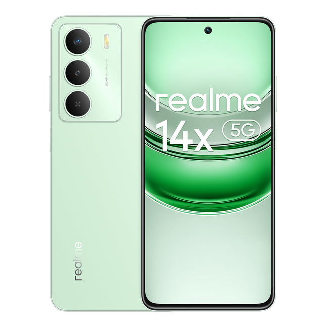 Realme nutitelefon 14X 5G 6+128GB, Dimensity 6300 5G, 120Hz silmadele mugav ekraan, 18GB dünaamiline RAM, 50MP tehisintellektiga kaamera, peridootroheline, adapterita