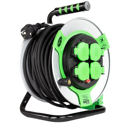 REV EX cable reel, 25m, H05RR, IP44, 3000W, with sliding contact, outdoor cable reel, 4 sockets, green