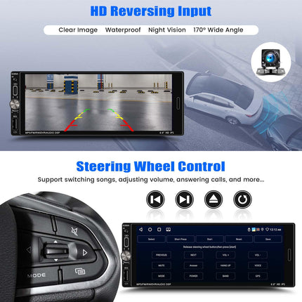 SIXTOP 1 DIN autoraadio juhtmega Carplayga, Android Auto autoraadio, Android 13 puutetundliku ekraaniga, 6,9-tollise ekraaniga, GPS/WiFi, Bluetooth, FM Mirror Link, EQ/USB/SWC+AHD tahavaatekaamera ja mikrofoniga