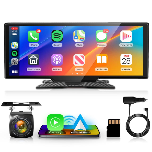 Wireless Apple Carplay Android Auto Portable Car Radio with Rear View Camera 64G TF Card, 10.26 Inch Touchscreen Portable Car Radio with Airplay/Android Cast/Dual Bluetooth/FM Transmitter/Voice Control/AUX