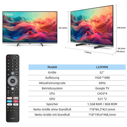 CHIQ L32FM9E 32-tolline (80 cm) FHD nutiteler, HDR10 ja HLG, Google TV, Dolby Audio, DBX-TV, Google Assistant, kolmekordne tuuner DVB-C/T/T2/S/S2, Chromecast integreeritud, metallraamita, must