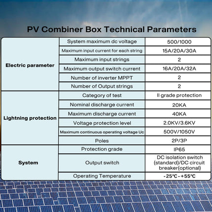 Ülepingekaitse PV - 1000V 32A Päikesepaneelide ühenduskarp, piksekaitse, alalisvoolu lahtiühendamise lüliti, PV-süsteem, 2-poolne (2 sisendit, 2 väljundit), alalisvoolu ühenduskarbi kaitselüliti, päikesepaneelide toitepistik