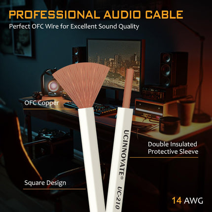 Audiophile white speaker cable with banana plugs, 2x 1.5m / 4.9FT OFC HiFi speaker cable with gold-plated banana plugs, 14 AWG audio cable for speaker terminal, home theater, subwoofer