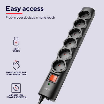 Trust Surge Guard 6-Port Surge Protector, Black