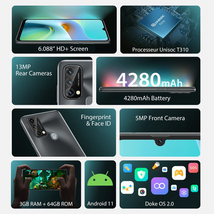 Blackview Unisoc T310 Quad-Core 3GB + 64GB, Display HD+ 6,088, Camera 13MP + 5MP, Battery 4280mAh, Mobile Phone 4G Dual SIM Android 11, Fingerprint Sensors, GPS, Black