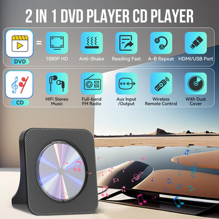 Gueray DVD-mängija telerile, kõikide piirkondade tasuta lauaarvuti DVD/CD-mängija koju, Bluetooth-kõlaritega, ekraaniga, äratuskellaga, FM-raadioga ja CD-mängijaga, USB-kaardi taasesitusega, kaasas kaugjuhtimispult, HDMI-kaabel