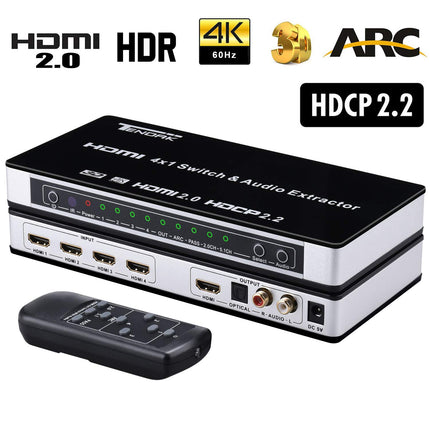 Tendak HDMI 2.0 lüliti 4-pordiline HDMI lüliti 4K HDMI jaotur HDMI lüliti 4-ühele optilise ja L/R heli ekstraktoriga kaugjuhtimispuldiga Toetab UHD 4K@60Hz HDCP 2.2 ARC 3D