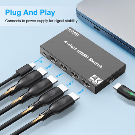 4K HDMI Switch 4 in 1 Out, HDMI Switch with Remote Control, Supports Dolby Vision, Compatible with PS5, Xbox, Apple TV, DVD Player
