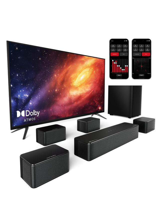 ULTIMEA 7.1 ruumilise heli süsteem telerile Dolby Atmose funktsiooniga, rakenduse juhtimine, 4 juhtmega ruumilise heli kõlarit, 460 W heliriba nutitelerile juhtmevaba subwooferiga, kodukino helisüsteem, Poseidon D80