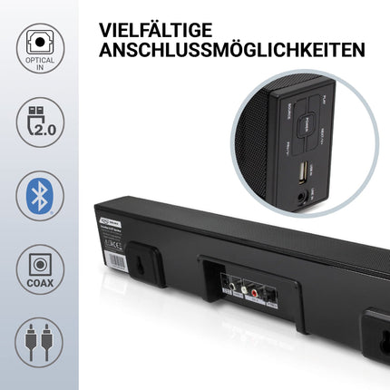 XORO TV heliriba HSB 50 V2 võimsusega 25 vatti, Bluetooth-kõlar, USB-meediapleier, Line IN, optiline ja koaksiaalne audiosisend, seinale paigaldamise võimalus