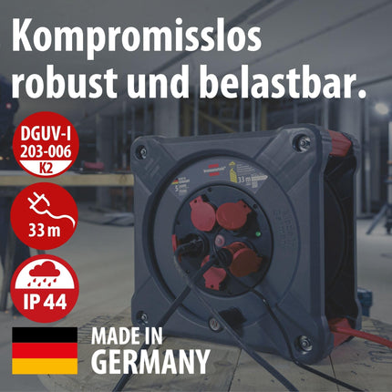 Brennenstuhl Professional Construction Site Cable Reel KA 3110 5 IP44 (33m H07BQ-F 3G1.5 cable in red, for construction site use and permanent outdoor use, 5 earthed sockets, Made in Germany)