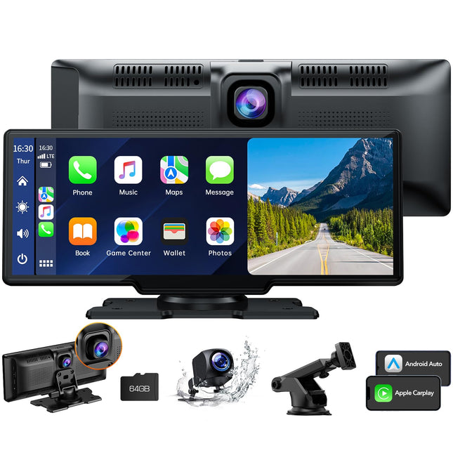Volam 9.26 inch Carplay Display with 2.5K Dashcam Car Front, 1080P Rear View Camera, Wireless Apple Carplay Android Auto, Mirror Link, Navigation, Google, Siri, FM, AUX, Loop Recording, 64G SD Card