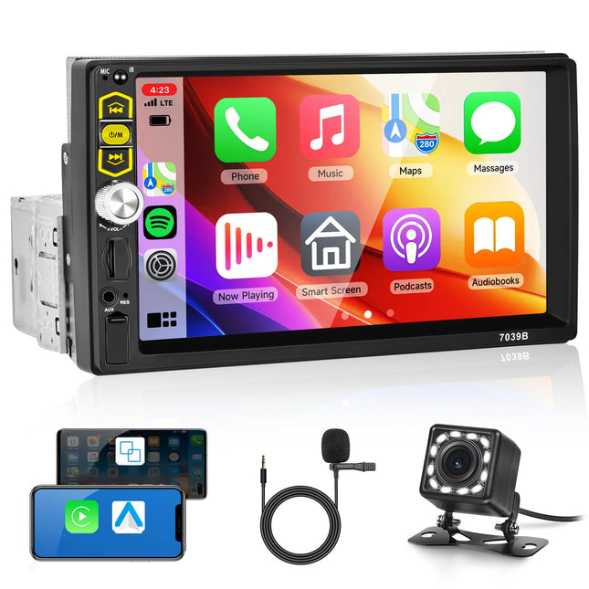 Hodozzy Car Radio 1 Din 7 Inch Touchscreen with CarPlay Android Auto Mirror Link, Hodozzy Car Stereo 1 Din Screen Bluetooth 5.1 Radio MP5 Player USB/TF/Aux In, FM Radio, EQ Digital Receiver