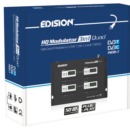 EDISION HDMI modulaator 3in1 Quad, 4x HDMI maapealse DVB-T, ISDB-T või kaabel DVB-C MPEG4 jaoks, 3 valitavat modulatsiooni väljundsignaali, Full HD jaotus koaksiaalkaabli kaudu, Plug and Play