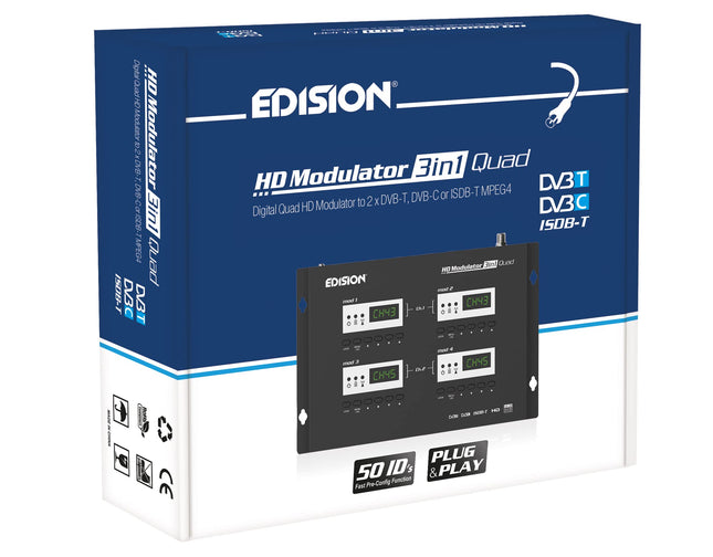 EDISION HDMI modulaator 3in1 Quad, 4x HDMI maapealse DVB-T, ISDB-T või kaabel DVB-C MPEG4 jaoks, 3 valitavat modulatsiooni väljundsignaali, Full HD jaotus koaksiaalkaabli kaudu, Plug and Play