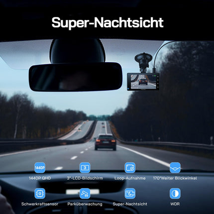 WOLFANG Dashcam Car Front Rear 2.5K+1080P Car Camera, Ultra Night Vision, 170° Wide Angle, WDR, 24h Parking Mode, G-Sensor, Loop Recording, Indoor with 32GB SD Card