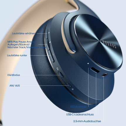 DOQAUS Bluetooth-kõrvaklapid kõrva kohal, kuni 90 tundi juhtmevabad kõrvaklapid 3 ekvalaiseri režiimiga, HiFi stereo kokkupandavad peakomplektid mikrofoniga, pehmed kõrvapadjad reisimiseks/kontorisse/mobiiltelefoni/arvuti/sülearvutite jaoks - tumesinine