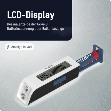 ANSMANN battery tester for rechargeable batteries and batteries AAA, AA, C, D, 9V, Li-Ion, button cells, and more. Battery tester, quick and easy display of charge status, compact and reliable for home and on the go.