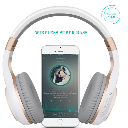 Riwbox Bluetooth kõrvaklapid, XBT-80 kokkupandavad juhtmevabad stereo kõrvaklapid mikrofoni ja helitugevuse regulaatoriga, juhtmega ja juhtmevabad, arvuti/mobiiltelefonide/teleri jaoks (valge ja kuldne)