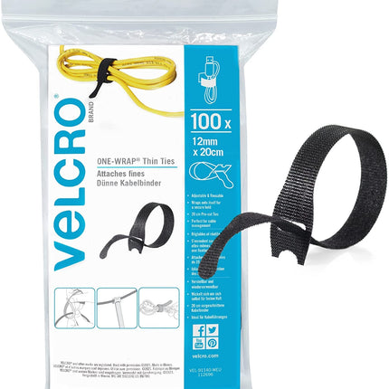 VELCRO Brand | One-Wrap Reusable Thin Cable Ties | Multi-Purpose Cable Ties Perfect Desk Accessory for Cable Management and DIY | Black | 12 mm x 20 cm | Pack of 100