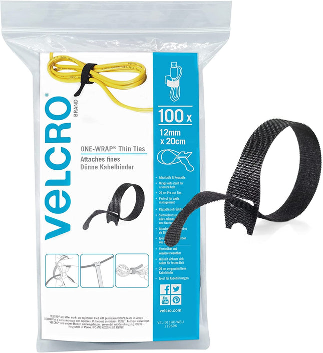 VELCRO Brand | One-Wrap Reusable Thin Cable Ties | Multi-Purpose Cable Ties Perfect Desk Accessory for Cable Management and DIY | Black | 12 mm x 20 cm | Pack of 100