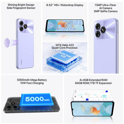 UMIDIGI G5A lukustamata mobiiltelefon, SIM-kaardita mobiiltelefonid 8 GB (4 GB + 4 GB) + 64 GB (kuni 1 TB), neljatuumaline 6,52-tolline HD+ nutitelefon lukustamata, 13 MP + 5 MP kaamera 5000 mAh aku sõrmejälje/näotuvastuse/GPS-iga (lilla)