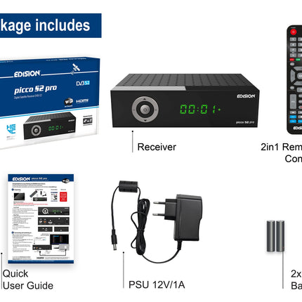 EDISION Picco S2 pro Full HD satelliitvastuvõtja FTA (ühildub DVB-S2 | ARD ja ZDF SD väljalülitusega), Unicable'i ühilduv, 2-in-1 kaugjuhtimispult, WiFi, HDTV, HDMI, S/PDIF, IR, eelinstallitud Saksa kanalite nimekiri