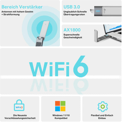 TP-Link Archer TX20UH WiFi 6 WLAN-pulk arvutile, USB WLAN-adapter AX1800 kahesageduslik, MU-MIMO, WPA3, USB 3.0, ühildub ainult Windows 10/11-ga