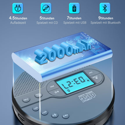 Walkman CD Player with Bluetooth - 2000mAh Rechargeable Discman CD Player with FM Transmitter, Headphones, LCD Screen, AUX, USB Portable Personal CD Player Anti-Slip Protector for Car