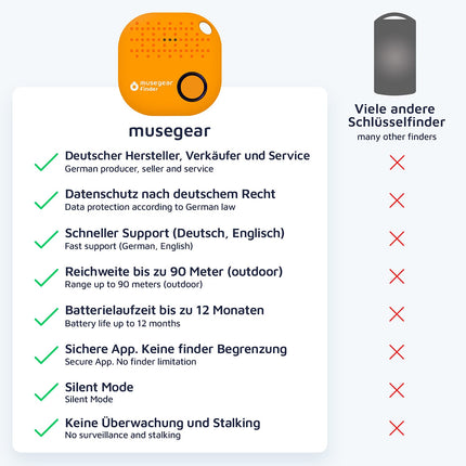 musegear key finder with Bluetooth app from Germany I Maximum data protection I orange 2-pack I For iOS &amp; Android I Find keys