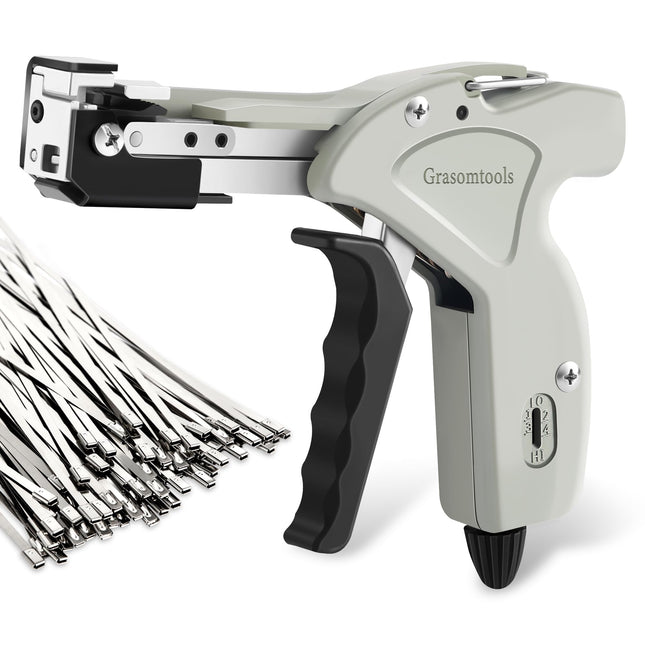 Metal cable tie gun set, automatic tensioning and cutting tool for stainless steel cable ties with 200 self-locking stainless steel cable ties 304