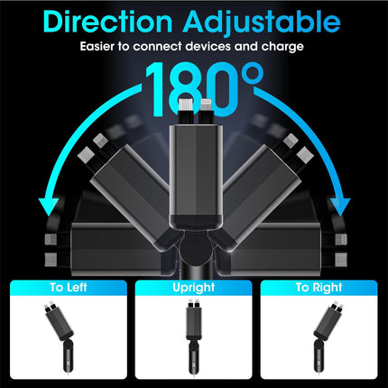 4-in-1 Retractable Car Charger, 120W Car Charger Car Accessory, 12V/24V USB Cigarette Lighter Adapter with iPhone and Type-C Cable, Ultra-Fast Car Charger Compatible with iPhone/Huawei (Black)