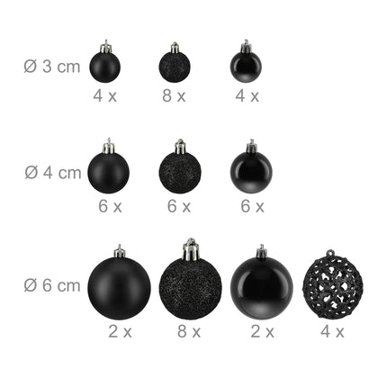 Relaxdays Christmas Baubles Set of 50, Glittering, Matte &amp; Shiny Christmas Tree Baubles, Plastic, Diameter 3, 4 &amp; 6 cm, Black