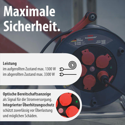 Brennenstuhl Professional Cable Reel 320 KU 4200 (40m cable in black, made of special plastic, for construction site use and continuous outdoor use, Made in Germany)