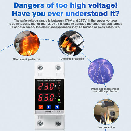 Ailao ülepingekaitse DIN-rööpale kinnitatav piksekaitse ülepingekaitse AC 230V 40A LED-ülepingepiirik automaatne väljalülitus ülepinge korral ja taaskäivitamine, majapidamises kasutatav ülepingekaitse.
