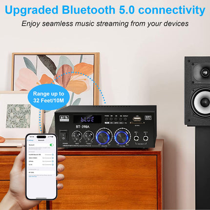 Romicta HiFi Stereo Amplifier, 450Wx2, 2-Channel Mini Bluetooth Amplifier with FM Radio, USB/SD, Optical &amp; Coaxial Inputs – Compatible with Passive Speakers &amp; Active Subwoofer