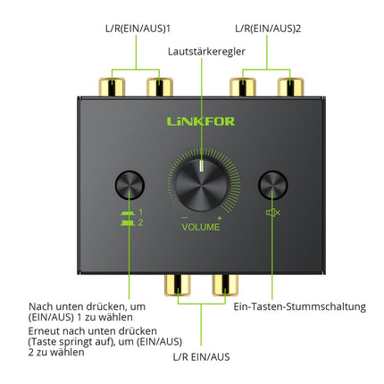 LiNKFOR RCA L/R stereo audio lüliti, 1 sisend 2 väljundit / 2 sisendit 1 väljund kahesuunaline audio lüliti, passiivne audio RCA jaotur vaigistusnupuga CD-mängija võimendi arvuti kõlarile