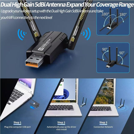 【2-IN-1】 WLAN6&amp;5.4 Bluetooth-adapter lauaarvutile, sülearvutile, 2,4 GHz/5,8 GHz sagedusala WiFi-adapter, suure võimendusega kahe sagedusalaga 5 dBi antenniga traadita võrguadapter, ühildub Windows 10/7/8/8.1/XP/Vista Mac OS-iga