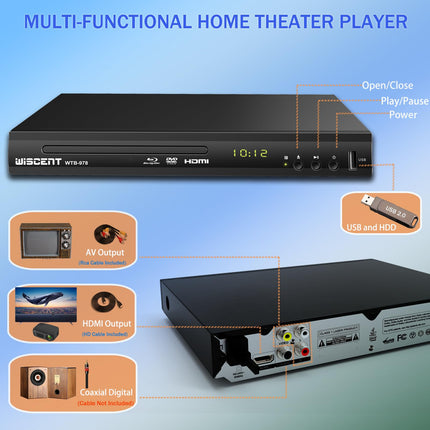 Blu-ray-mängija telerile, WISCENT DVD-mängija koaksiaal-/HDMI-/AV-/väljundiga, USB-sisendiga, kõik DVD-d ja B/2-regiooniga Blu-ray-plaadid, kompaktne Full HD 1080p Blu-ray-mängija