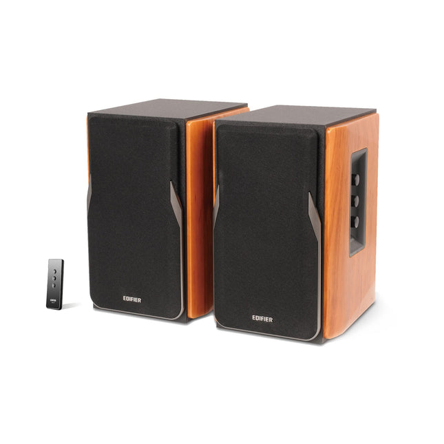 EDIFIER Studio R1380T 2.0 riiulikõlarisüsteem (42 vatti) ehtsast puidust (MDF) korpuses. Kaks LINE IN-ühendust. Infrapuna-kaugjuhtimispult ja külgmised juhtnupud bassi, kõrgete helitugevuse ja muude helitugevuse jaoks.