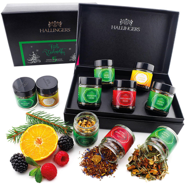 Hallingers Merry Christmas GREEN - Jõulune 5-sordi tee kinkekomplekt vegankarbiga, jõulukink keeratava korgiga purkides (komplekt) - emadepäeva- ja isadepäevakingitused | Taastumine