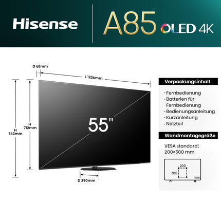Hisense 55A85N 139 cm (55-tolline) televiisor, 4K UHD OLED nutiteler, 120 Hz, HDMI 2.1, mängurežiim Pro, AMD FreeSync Premium, Dolby Vision IQ ja Atmos, Bluetooth, sisseehitatud Alexa, must, [2024]