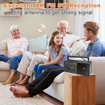 Cassette player Bluetooth Boombox, Tape Recorder AM/FM/SW Radio Stereo Tape Player/Recorder with large speaker and headphone jack, USB/TF/MP3 Tape Player AC powered or