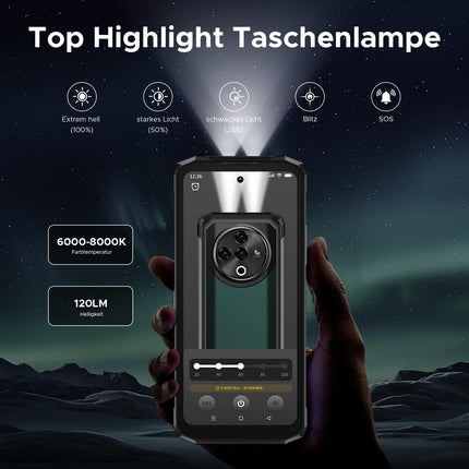 DOOGEE Fire 6 Power õuetelefon 20GB + 256GB/2TB, 15500mAh (33W) õuetelefon, 120LM taskulamp, 6,56-tolline HD+ õuetelefon ilma lepinguta Android 14, 50MP kaamerad, topelt 4G SIM/NFC/GMS/Face ID