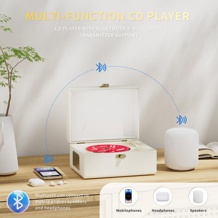 Yintiny laetav nahast CD-mängija kõlaritega, Bluetooth-saatja, festivalikingitus, BGM-mängija kodukaunistamiseks, valge