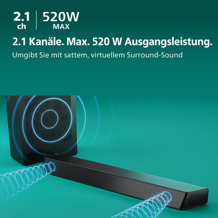 Philips TAB7207/10 Soundbar 2.1 juhtmevaba subwoofer, Dolby Atmos, kinoheli, rikkalik ja sügav bass, HDMI ARC, üliõhuke disain