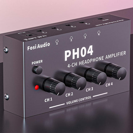 Fosi Audio PH04 4-kanaliga kõrvaklappide võimendi metallist stereoheli võimendi 12 V 1,5 A toiteallikaga, ülikompaktne kaasaskantav kõrvaklappide jaotur stuudio ja lava jaoks