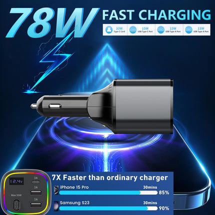 AGEMANY USB sigaretisüütaja adapter 78W, 4-ühes autolaadija sigaretisüütaja USB C kiirlaadija autotelefoni laadijad sissetõmmatav RGB-tulega iPhone'ile, Androidile, autotarvikud (hall)