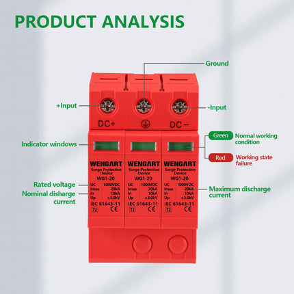 Wengart surge protection device, DC1000V 3P 10-20kA 36 mm DIN rail mounting, low-voltage protective device for lightning protection, power distribution and control devices