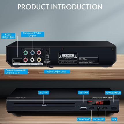 TLarder DVD-mängija telerile HDMI-väljundiga, Full HD 1080p ülesskaleerimine, ühildub mitme vorminguga, toetab kõiki piirkondi ja plaadivorminguid, sisaldab kaugjuhtimispulti ja AV/HDMI-kaablit